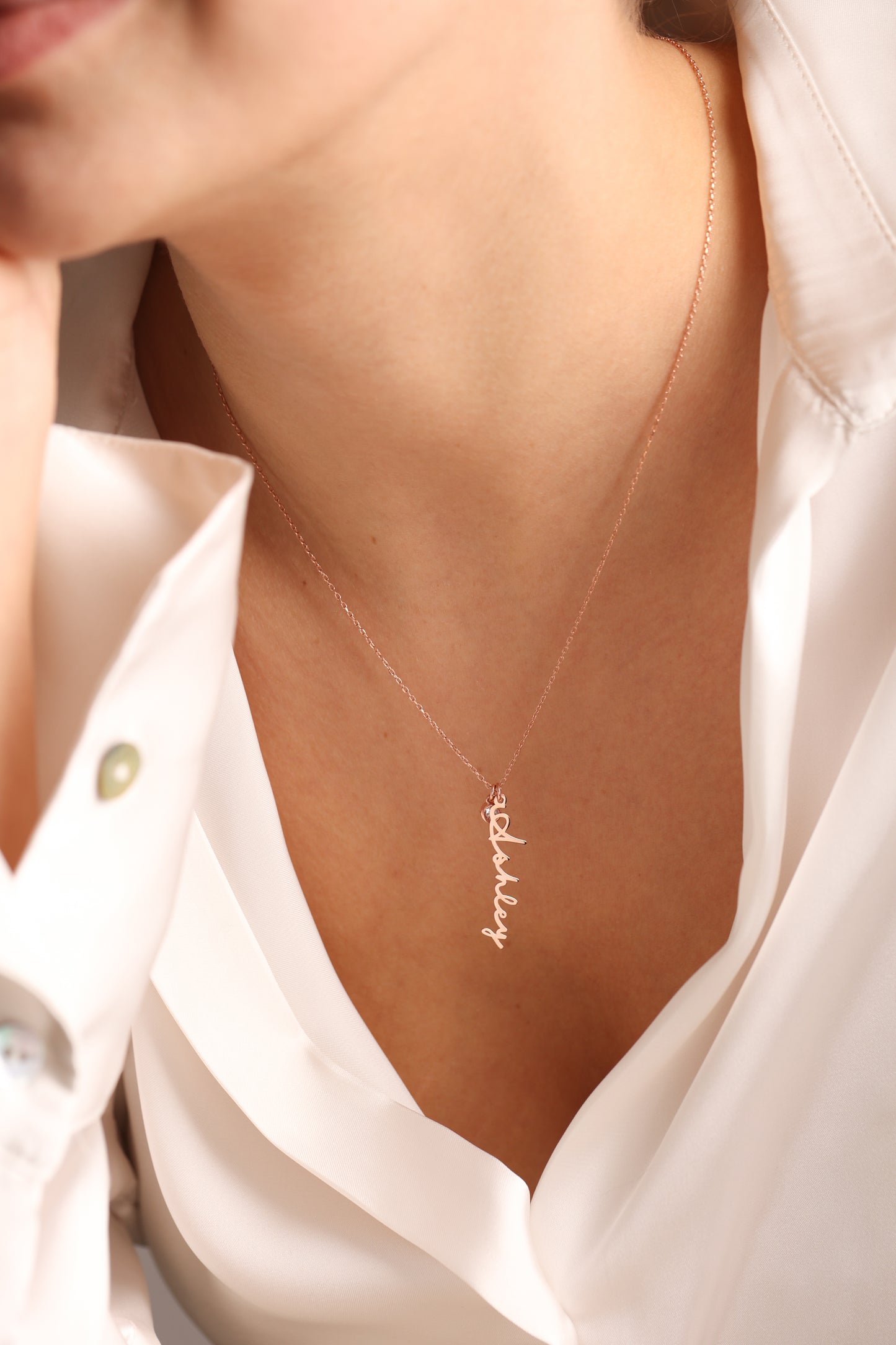 Petit Vertical Name Necklace with Bezel Set, Cursive Name Necklace in Gold