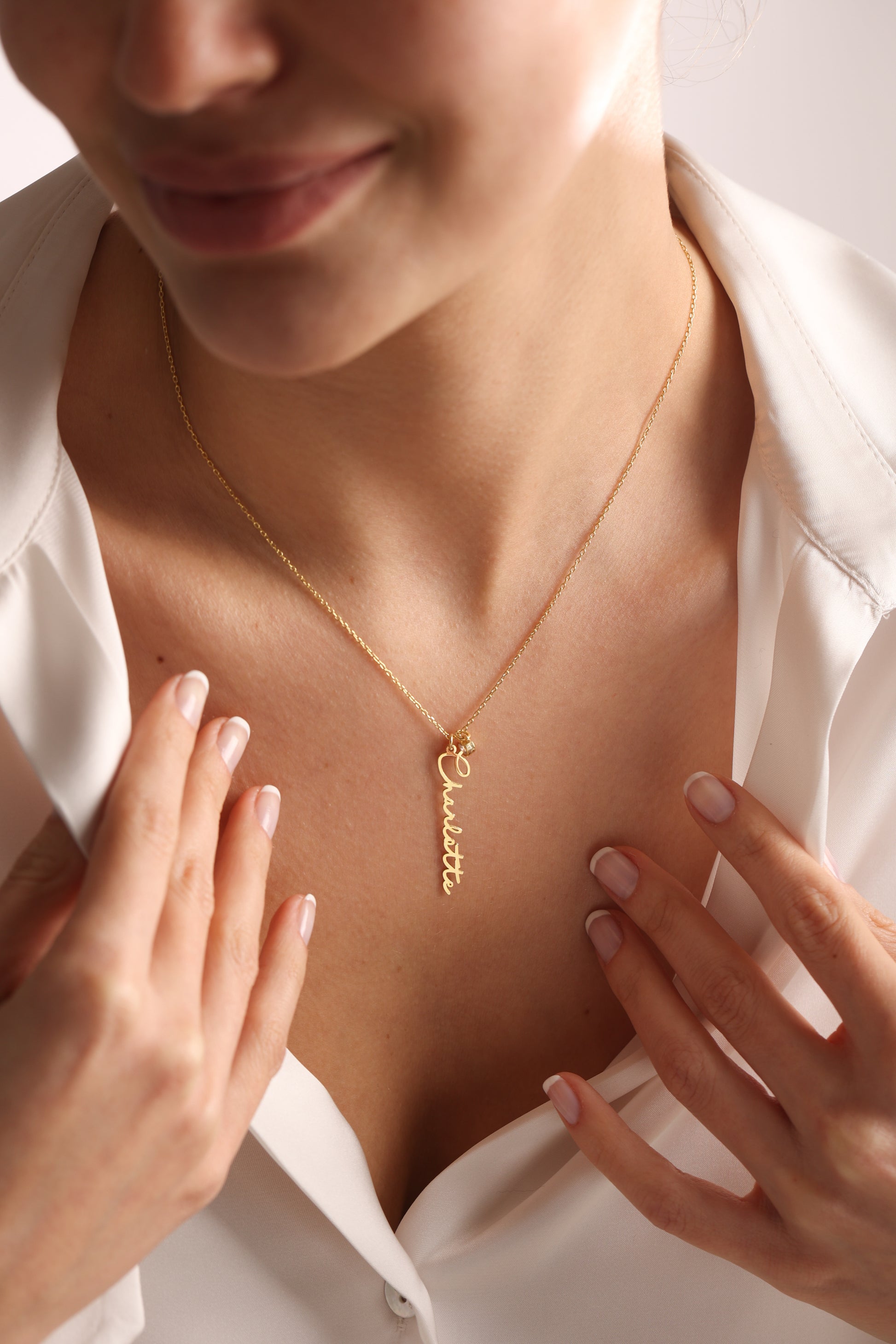 Our gold name necklace made with 14k solid gold, and available on white gold and rose gold.